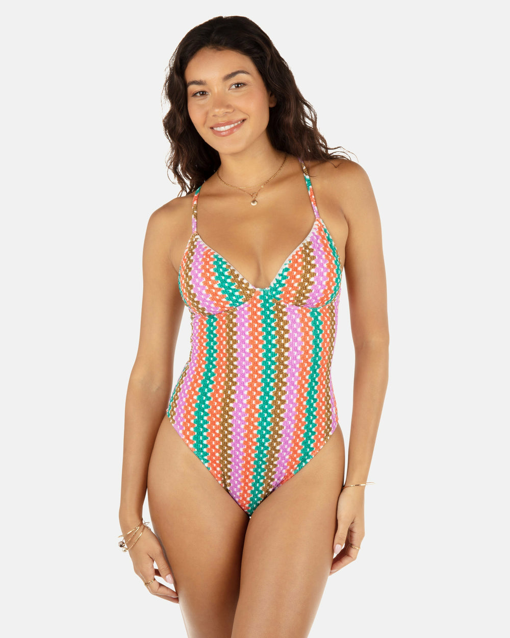 Hurley On Sale | Printed Stripe Crochet Scrunch Soft Cup Moderate One Piece - Orchid