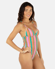 Hurley On Sale | Printed Stripe Crochet Scrunch Soft Cup Moderate One Piece - Orchid