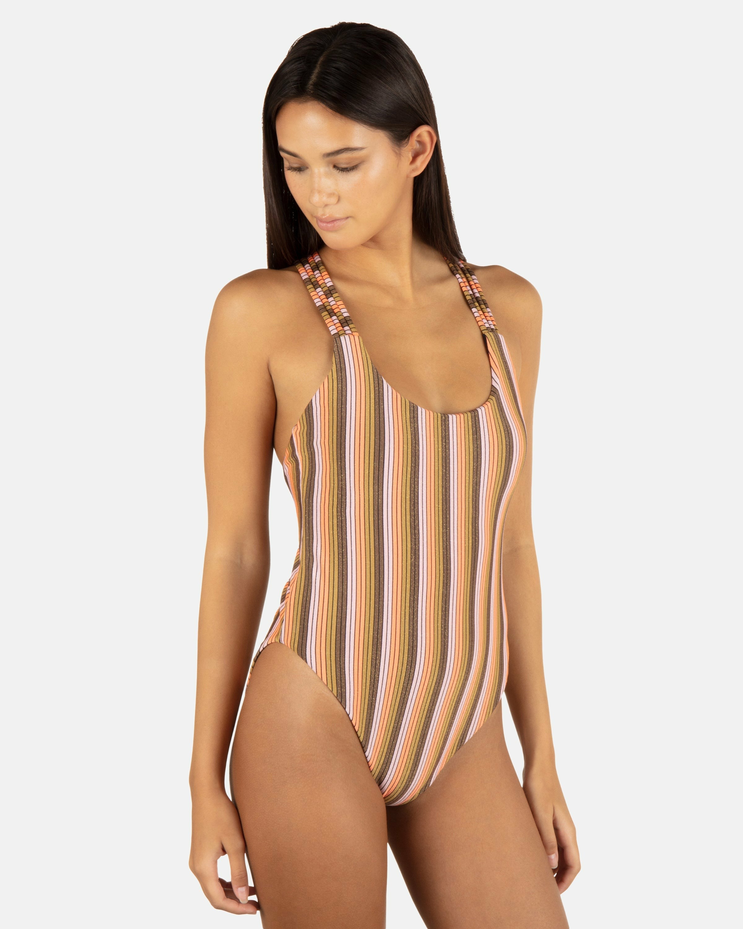 Hurley On Sale | Sunset Shine Stripe Moderate Crossback One Piece - Sunrise Pink