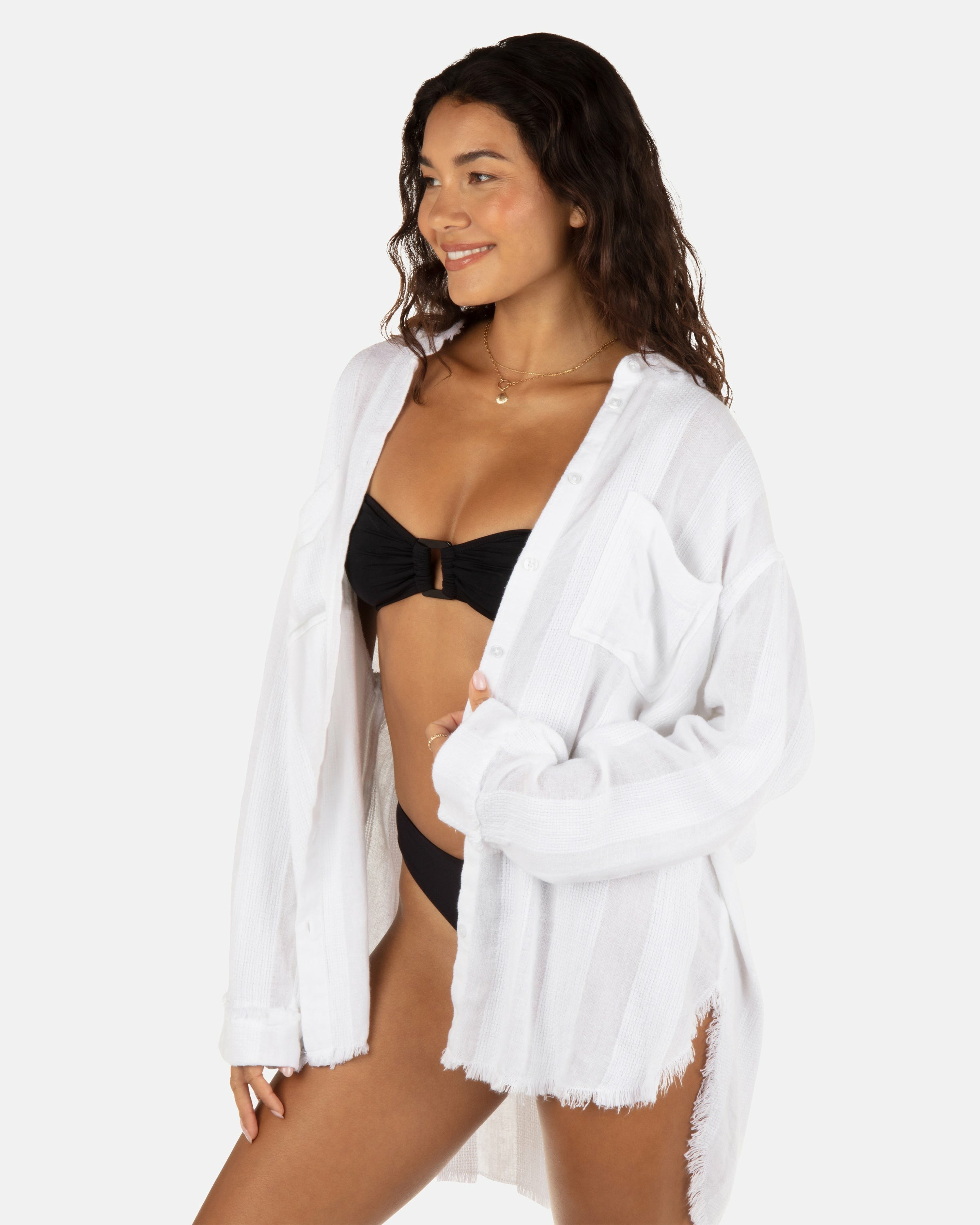 Hurley Discount | Solid Stripe Gauze Long Sleeve Button Front Shirt - White