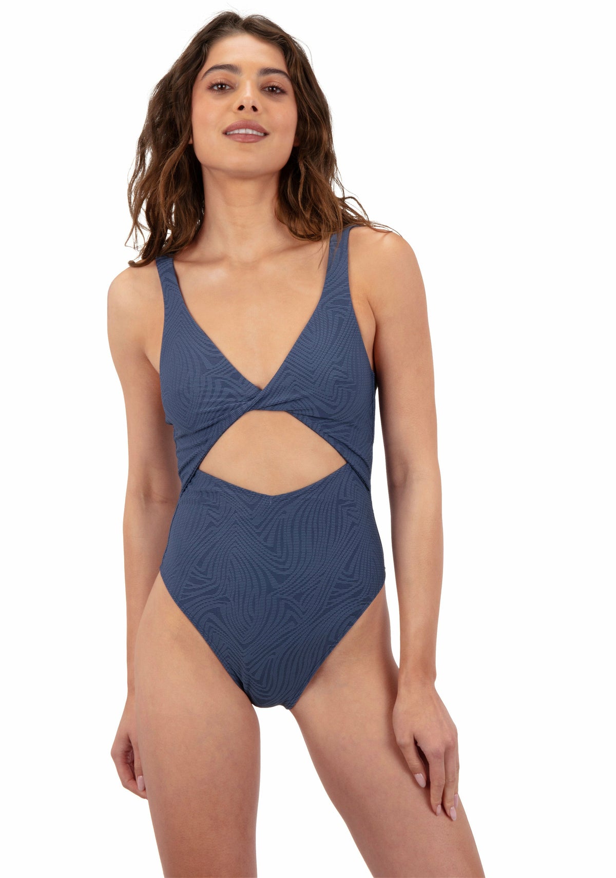 Hurley Discount | New Wave Jacquard Twist Front Cheeky One Piece - Washed Indigo